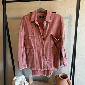 VICI Distressed Button-Down Shacket – Dusty Rose